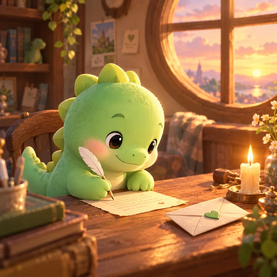 A little dinosaur writing a letter at a wooden desk by candlelight